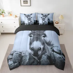 Funny Donkey Comforter Set,7 Piece Farm Animal Bed in A Bag for Kids Adults,Grey Retro Donkey Bedding Set,Donkey Bed Sheets Set with Comforter