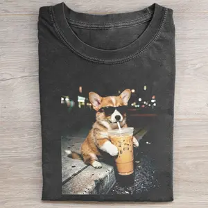 Funny Corgi Drinking Iced Coffee T-shirt, Vintage 90s Dog Meme Graphic Tee, Animal Lover Gift, Comfort Colors Styles, Unisex Fit Design, Gift for Men and Women
