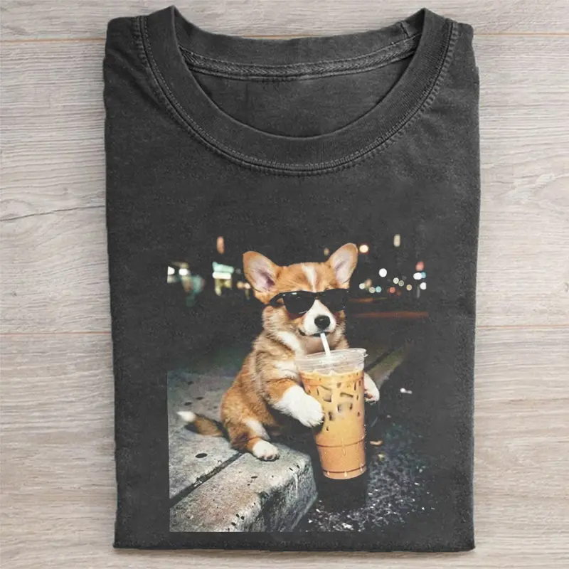 Funny Corgi Drinking Iced Coffee T-shirt, Vintage 90s Dog Meme Graphic Tee, Animal Lover Gift, Comfort Colors Styles, Unisex Fit Design, Gift for Men and Women