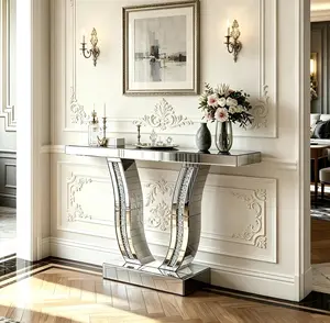 43-Inch Mirrored Console Table, Modern Silver Furniture with Curved Stone-Inlaid Legs, Glam Accent Table for Living Room & Hallway Foyer