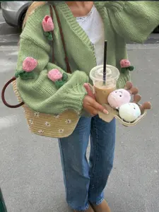 Women's Autumn And Winter V-Neck Long Sleeve Hand Crocheted Three-Dimensional Flowers Single Button Knit Cardigan, Loose, Casual Knitwear, Casual Minimalist, Daily, Romantic Dating, Holiday Jumper Jacket, Graduation, Back To School, Valentine's Day Tops