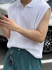Men's New Casual Loose Fit Plain Color Striped Twisted Rope Pattern Korean Style Classic Basic Versatile Commuter Vintage Lazy Polo Neck Sleeveless Knit Vest