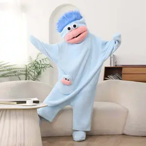 Cartoon Big-Mouth Monster Funny One-Piece Couple Pajamas, Men Women Winter Silly Thickened Coral Fleece Loungewear with Comb
