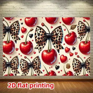 1 oversized wall decoration banner, Party Decorations Banners, featuring a red cherry and bow pattern with red, pink, black, white leopard print design, all-season party backdrop, suitable for home, studio, birthdays, weddings