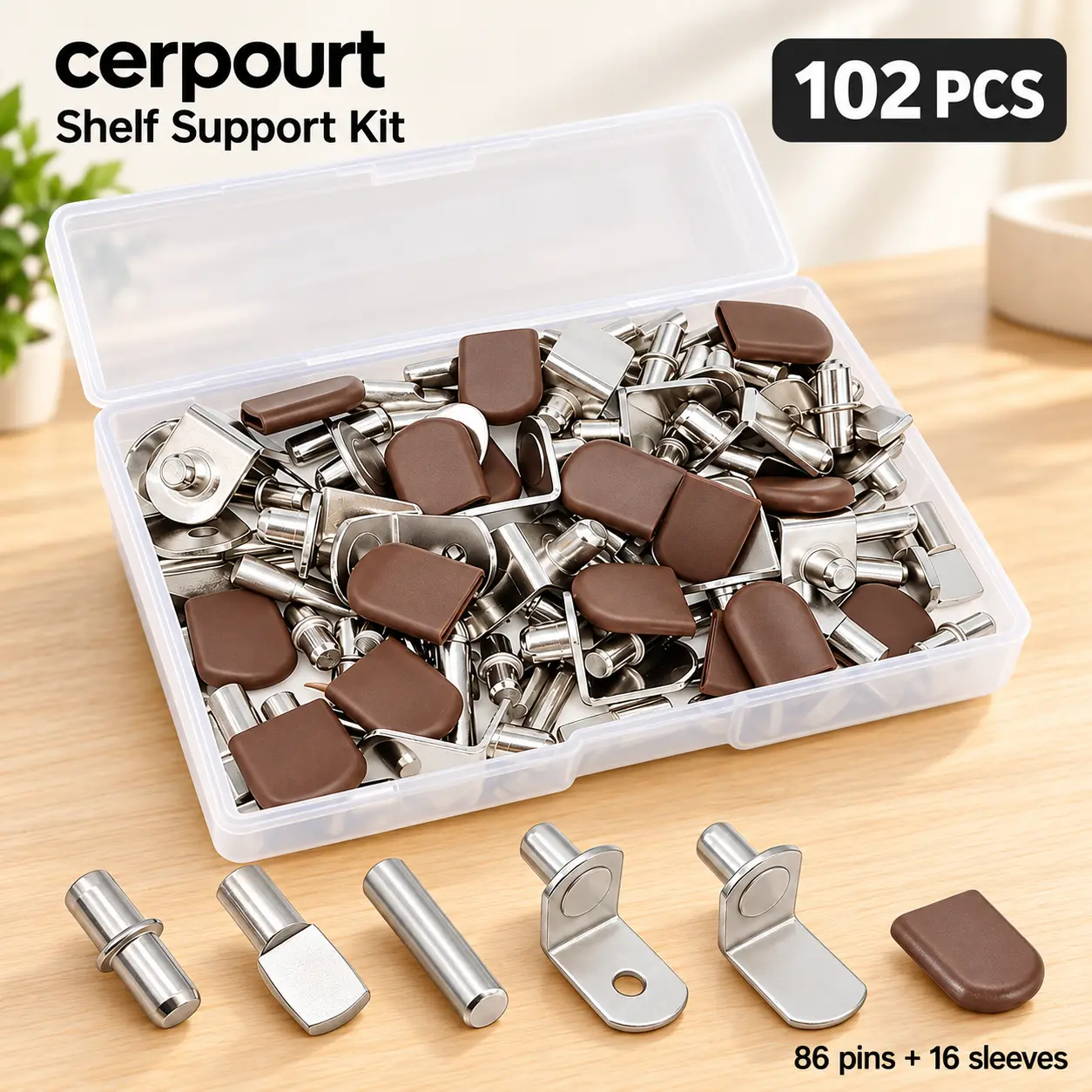 102PCS Shelf Support Pins Kit, 6 Styles Nickel-Plated Shelf Pegs, 5mm & 1/4 Inch Cabinet Shelf Pins with Rubber-Capped L-Shaped Brackets for Cabinets, Bookcases, Closets & Furniture