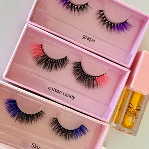 Color Pop Kit 3 Different Color Faux Mink Lashes Grape Cotton Candy Sky + 1 Lip Oil for Enhanced Look