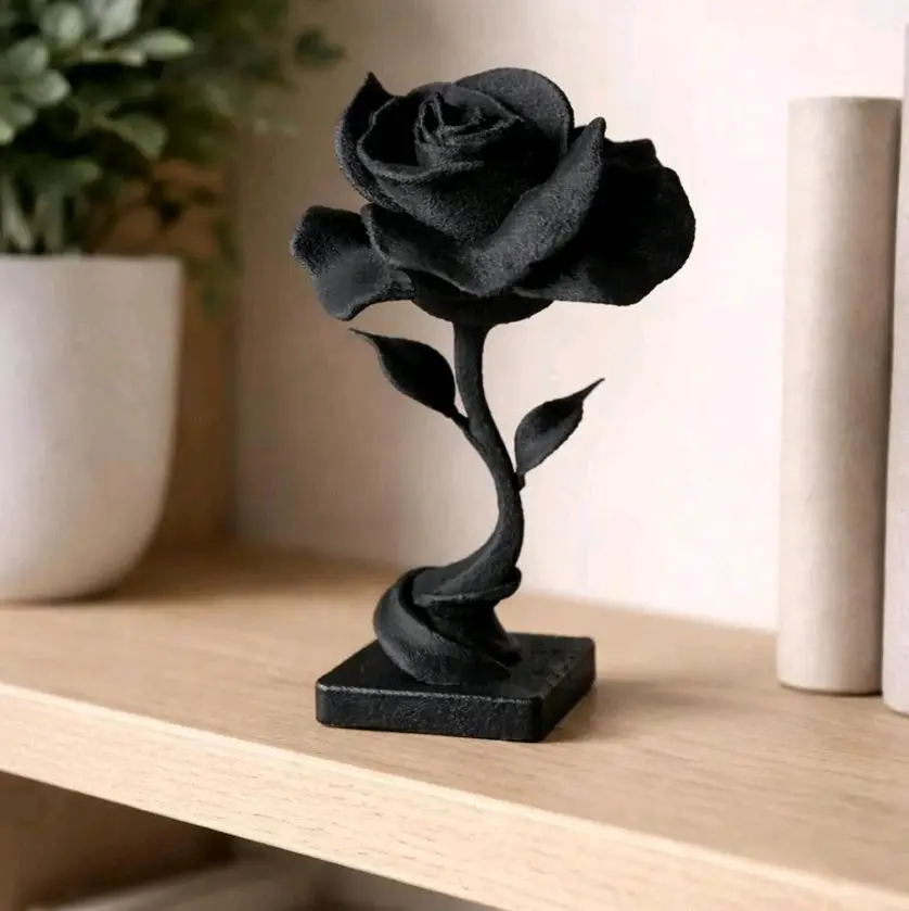 Elegant Black Rose Sculpture - Durable Metal Finish, Decorative Flower for Home, Office, or Gift