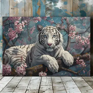Wood Framed Wrapped Canvas Floral Elegant White Tiger Wall Art Print, Pine Tiger Portrait,Poster for Living Room Bedroom Home Decor