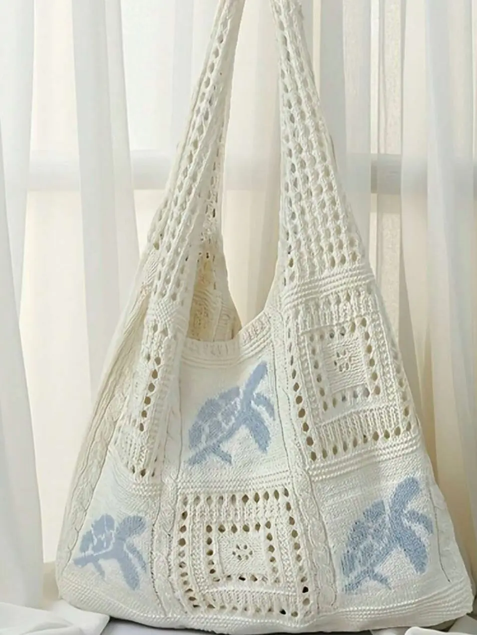 Crochet Tote Bag, Large Capacity Beach Shoulder Bag, Handmade Turtle Pattern Knit Handbag for Summer Vacation and Daily Travel