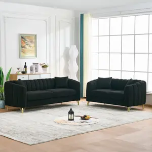 Cloud Sofa Couch Set, Oversized Boucle Couch, 85" & 63" Modern Cloud Sofa Couch with 5 Deep Seater Sectional Loveseat Upholstered Boneless with Gold Metal Legs for Living Room, Bedroom, Apartment, Black