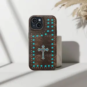 Western Turquoise Cross Tooled Leather Phone Case | Boho Cowgirl Aesthetic | For iP Phone 15, 14, 13, 12, 11, X Series (Pro, Max, Plus)