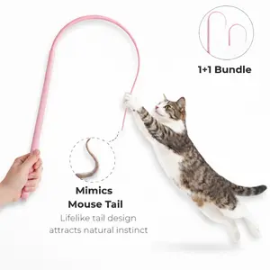 Interactive Mouse Tail Cat Toy Set with 2 Replaceable Teaser Heads Mimics Mouse Tail Design for Engaging Playtime & Versatile Fun