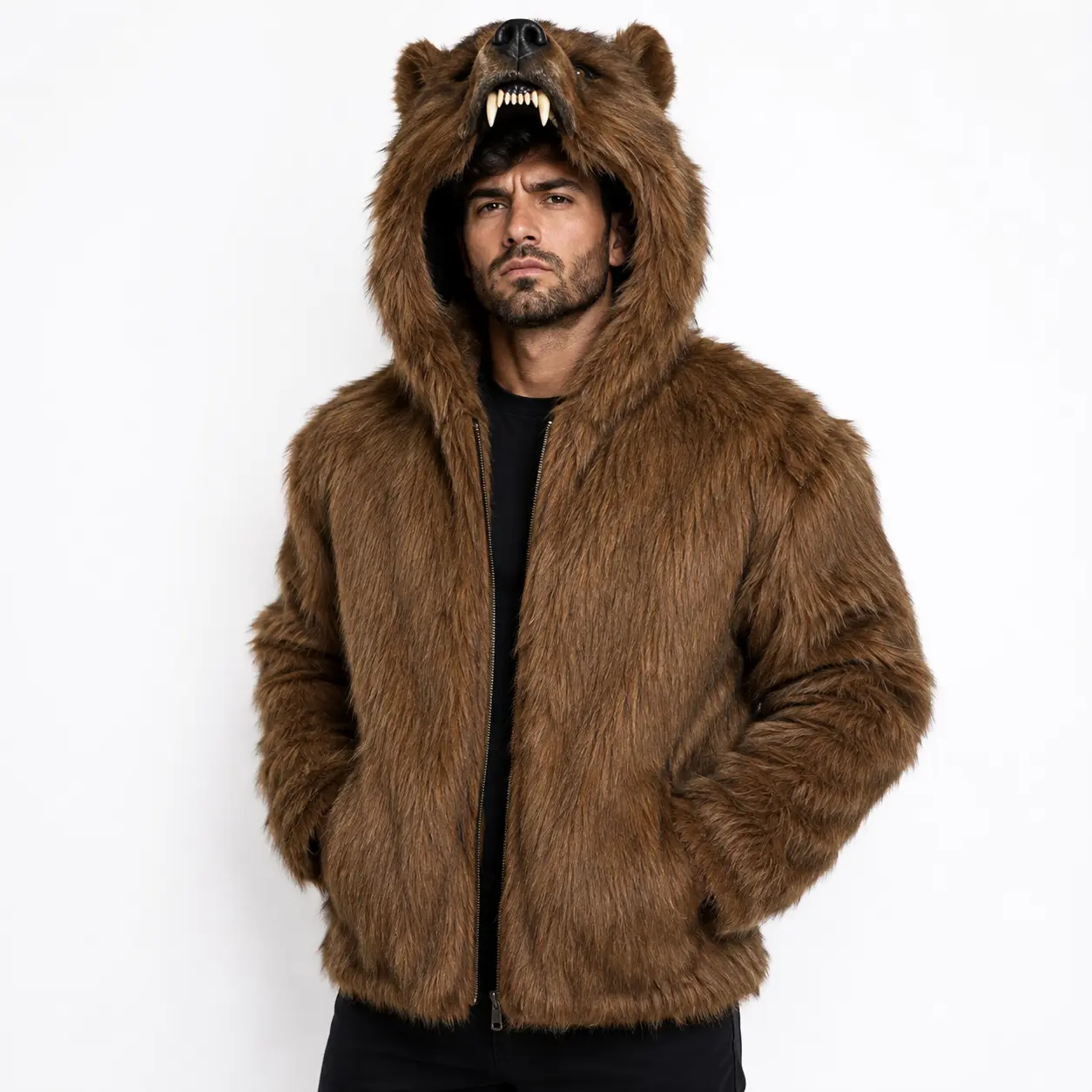 Men's Brown Bear Faux Fur Hooded Jacket – Full Zip Plush Sherpa Fleece Winter Coat with Animal Hood