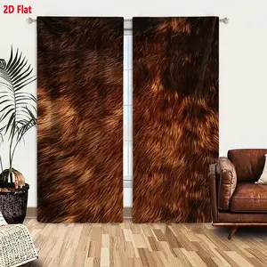 2D Flat  2-Piece Brown Fur Textured Curtain Set, Thick Long Fur Light to Dark Brown Gradient Design, Natural Organic Coloration, Soft Yet Rugged Animal-Like Fur Material, Dense Uneven Texture for Window Decoration