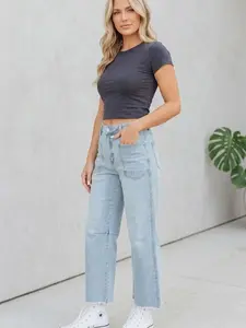 Women's High Rise Straight Leg Cropped Jeans Retro Patch Pockets Raw Hem Stretch Denim Ankle Pants for Casual Daily Streetwear