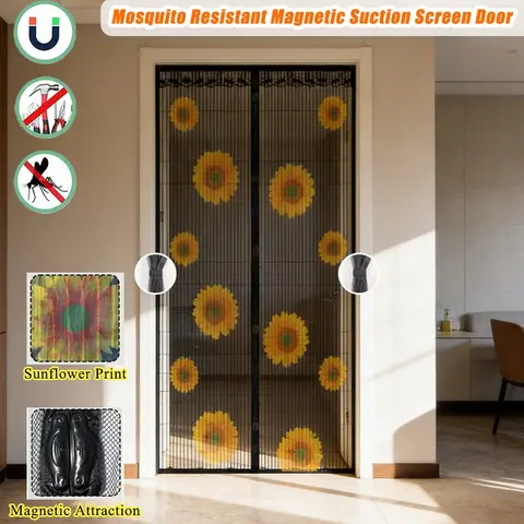 Summer Magnetic Screen Door, Mosquito Resistant, Sunflower Print Soft Mesh Curtain, No‑Drilling Installation, Pet‑Friendly, Home Living Room Bedroom Kitchen Decor, Magnetic Closure Door