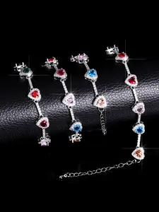 2pcs/set 18k Gold-Plated Copper Zircon Heart Necklace & Bracelet Set, Colorful Blingbling Jewelry for Women, Ideal Gift
