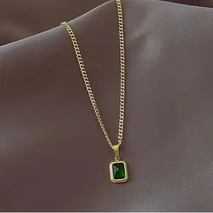Q&D&S Emerald Cut Necklace for Women - Rectangle Pendant Necklace with Blue Sapphire or Green Emerald Gemstone
