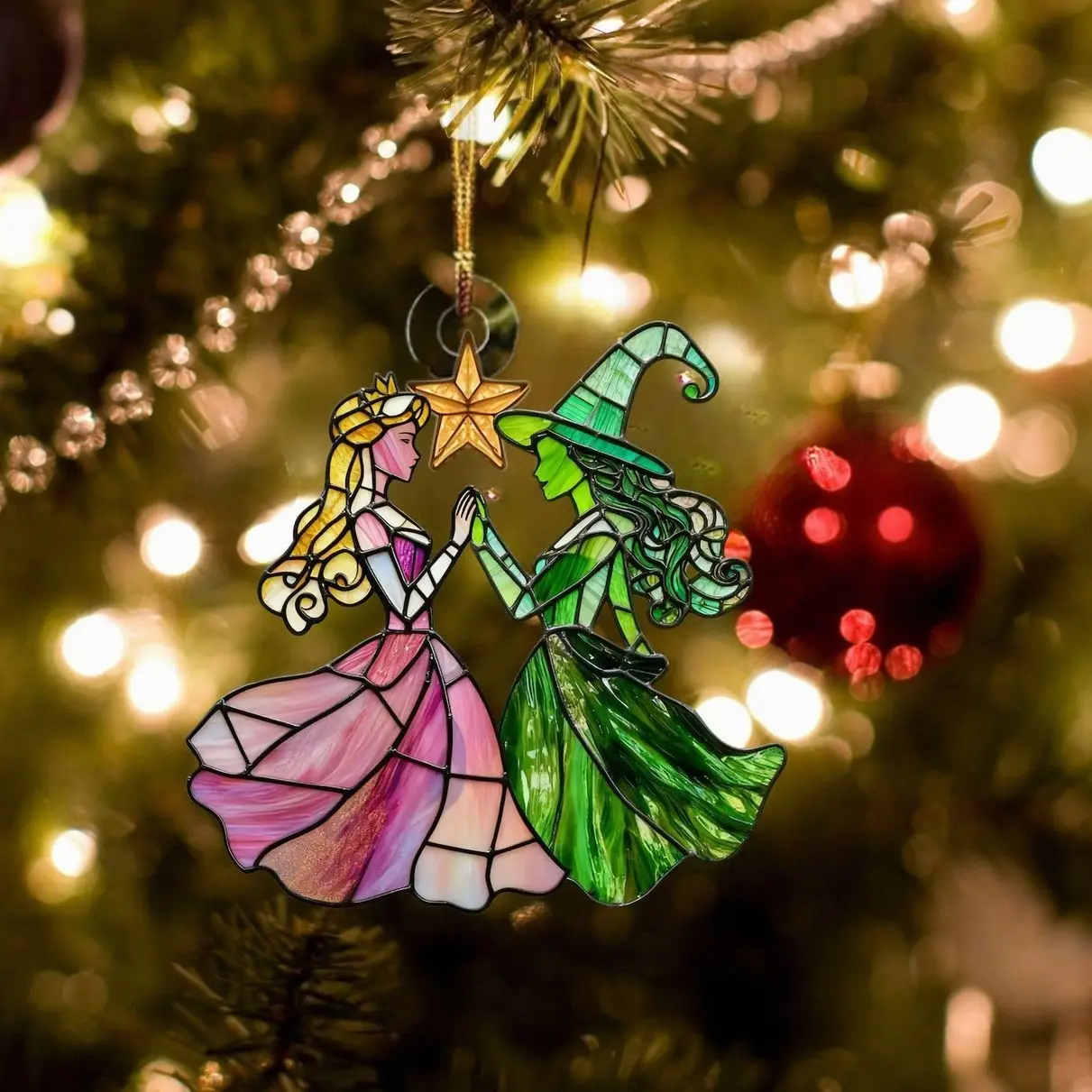 Elphaba and Glinda Stained Glass Effect Christmas Ornament, Wizard of Oz Wicked Musical Fan Art Decor, Xmas Tree Window Decoration
