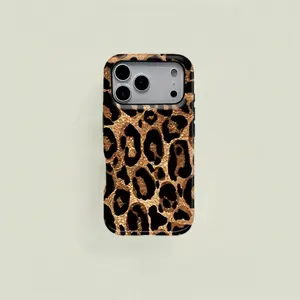 Glitter Gold Leopard Print Hybrid Shockproof Phone Case, Hard Shell + Soft Inner Layer Protective Cover, Luxe Wild Aesthetic Accessory for iPhone & Samsung Design Lotus