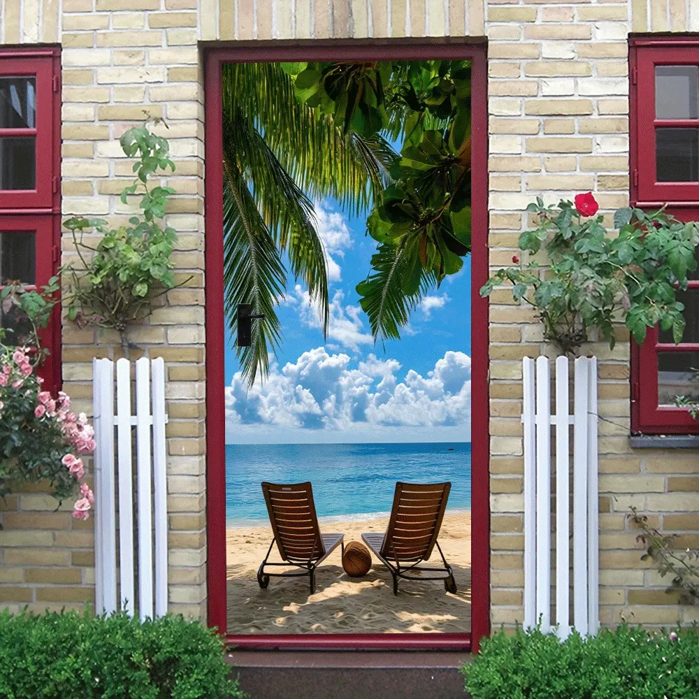 2pcs   Tropical Coconut Tree Beach Wall Sticker Decorative Sticker Summer Vacation Style Living Room Bedroom Decor Self Adhesive Removable Seaside Scenery Decal Home Background Wall Decoration  Collage Self-Adhesive Doo