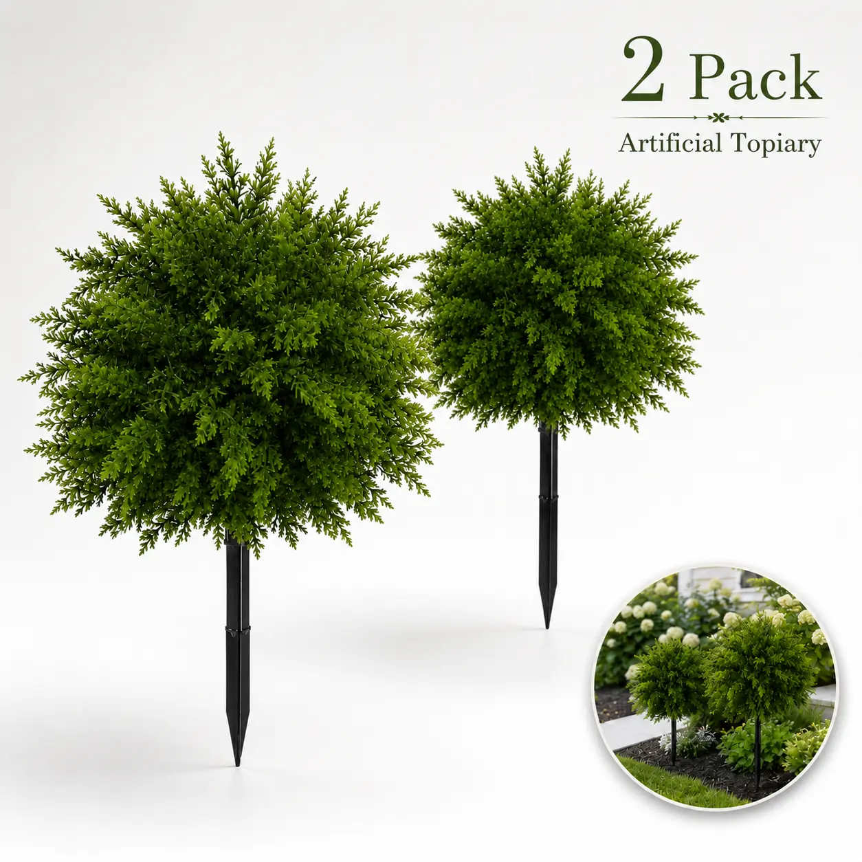 2-Pack Decorative Artificial Boxwood Topiary Balls with Ground Stakes, UV-Resistant Faux Greenery for Patio, Garden Decor