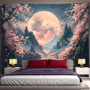 Panoramic, Sakura Mountain & Moon Scenic Tapestry - Ultra Large Polyester Wall Hanging for Living Room, Bedroom, Office Decor |       Includes Free Hanging Clip