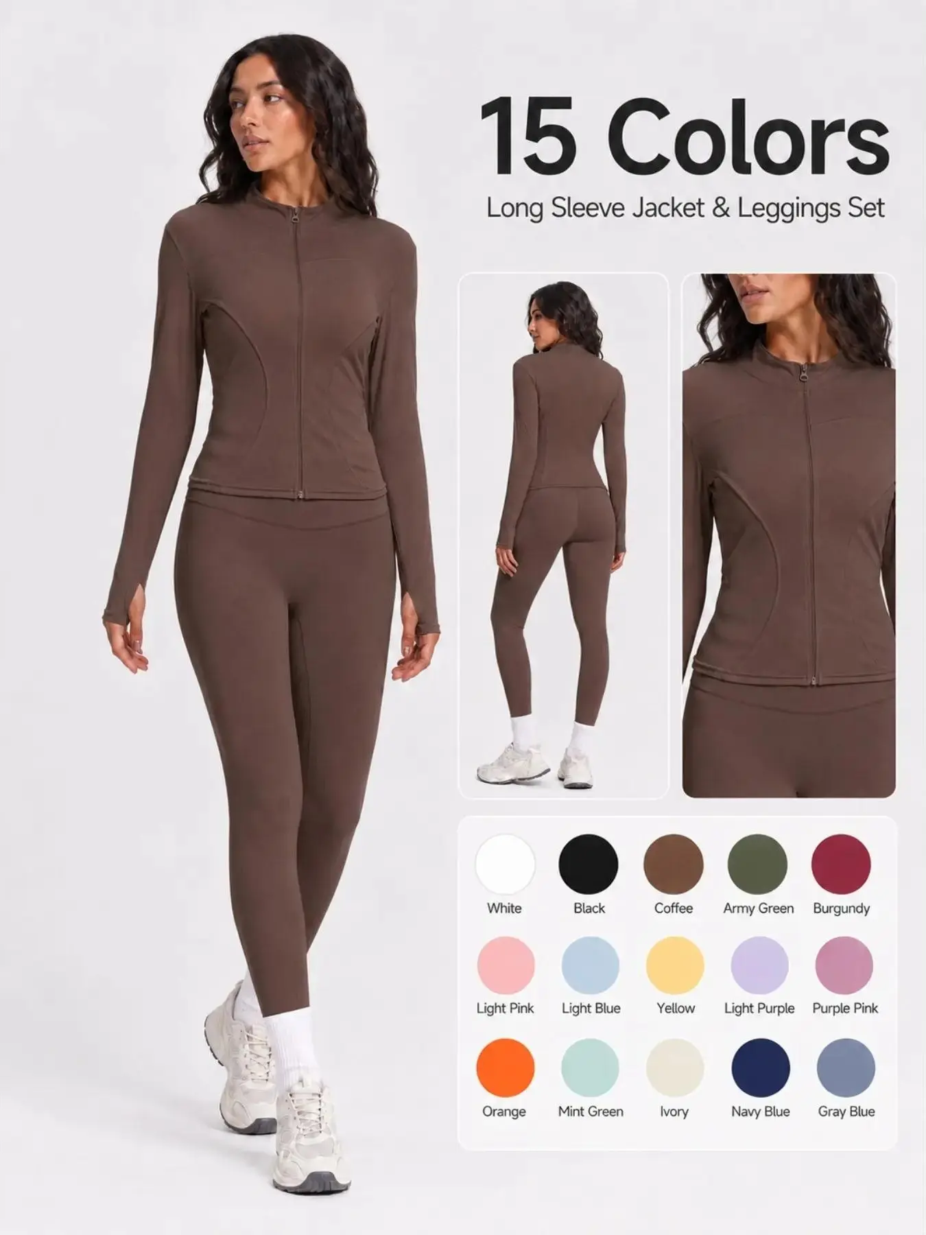 Female 2-Piece Solid Sportswear Set - Long Sleeve Thumb Zipper Jacket, High-Waisted Ankle-Above Tight Pants, Soft Elastic Activewear for Yoga, Gym Workouts-QQ