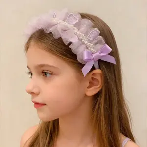 Girls Princess Flower Pearl Crown Headband, Birthday Photo Hair Band, Baby Lace Crown Hair Clip, Party Festival Vacation Accessories