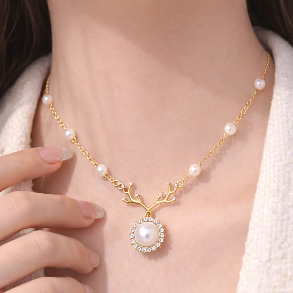Women's Elegant Deer Antler Pearl Gold Necklace - Cute Gold Branch Pendant, Affordable Fashion Costume Jewelry Gift for Daily Wear, Pearl Gold Necklaces