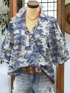 French Vintage Blue and White Floral and Animal Print V-Neck Puff Sleeve Loose Women's Shirt Resort Lazy Style American Casual Versatile Top