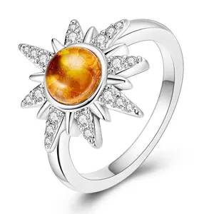 MULA Brilliant Sunlight Ring, 925 Silver-plated Gold Plated Ring with Amber Glass and CZ, Celestial Jewelry Gift, Suitable for Birthday Christmas, Best Gift for Girls