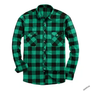 Men's Casual Plaid Flannel Shirt - Long Sleeve, Button-Up, Green and Black Checkered Pattern, All-Season Comfort, Allseason Shirt |     Classic Collar |     Durable Fabric