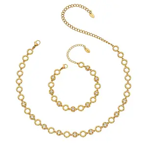 18K Gold Plated Stainless Steel Bezel Set CZ Zircon Necklace & Bracelet Set, Round Link Sparkling Stackable Jewelry, Waterproof Tarnish Resistant Hypoallergenic Gift for Women