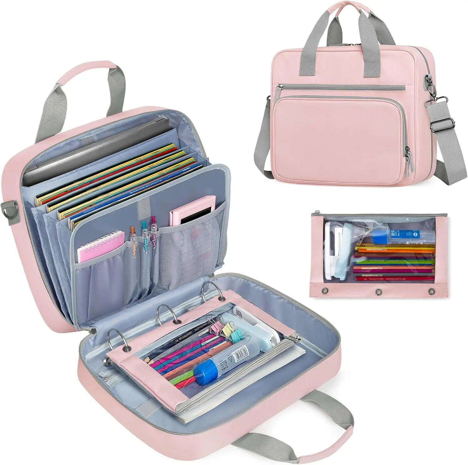 3 Ring Zipper Binder with Binder Pouch, Expanding File Organizer with Padded Sleeve Fit for 14 Inch Laptop, Portable Document Organizer Bag for , College, Office Supplies,
