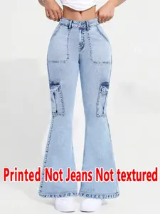 Women's Fitted Long Pants, Non-Denim Fabric, Casual Style, Everyday All Seasons Wear, Printed Bell Bottoms, No Ca Prop 65 Warning