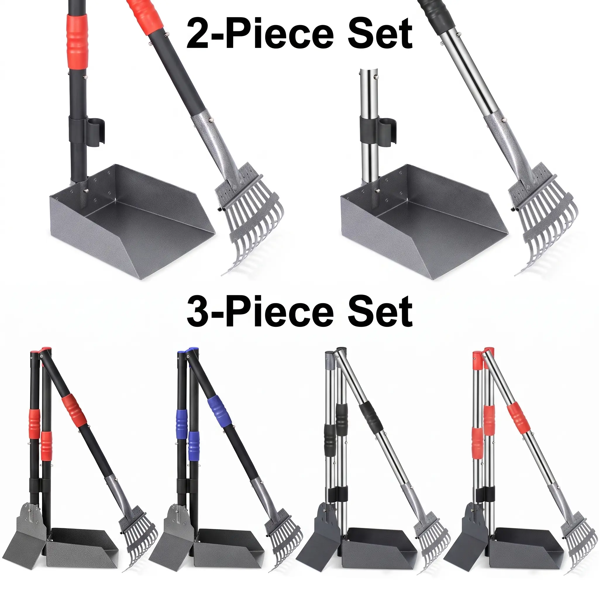 Dog Pooper Scooper Set with Interchangeable Heads, Long Handle No-Bend Pick Up Tool, Rust-Proof Pan & Rake, Easy Click Assembly, Works on Grass, Sand, Dirt, Perfect for Backyard Cleanup, 2-in-1 Kit with Multiple Spade Options