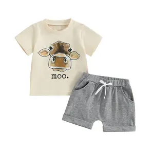 Toddler Baby Boys Summer Clothes Farm Animal Outfit Cow & Letter Print Shirts Tops Elastic Waist Shorts Infant Toddler 2Pcs Set