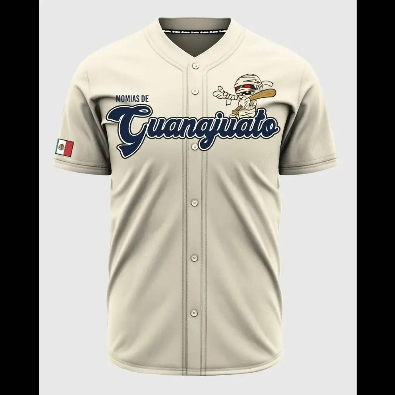 Unisex Momias de Guanajuato Cream Baseball Jersey - Mexican Heritage Button-Up, Vintage Mummy Graphic, Professional Sports Apparel