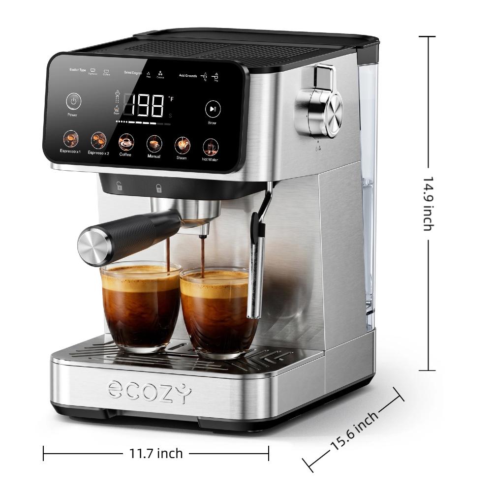 ecozy 2-in-1 Espresso Machine - LED Touch Screen, 20 Bar Pump, Home Coffee Bar, All in One with Drip Coffee, Hot Water and Milk Frother,  Stainless Steel Coffee Maker, Brezzano Core Series Coffee Machine for Cappuccino, Latte, Americano, tiktokshopsp summ
