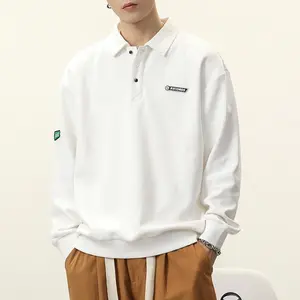 American high street polo shirt men's sweater long sleeve autumn white lapel autumn and winter trendy baseball jersey top
