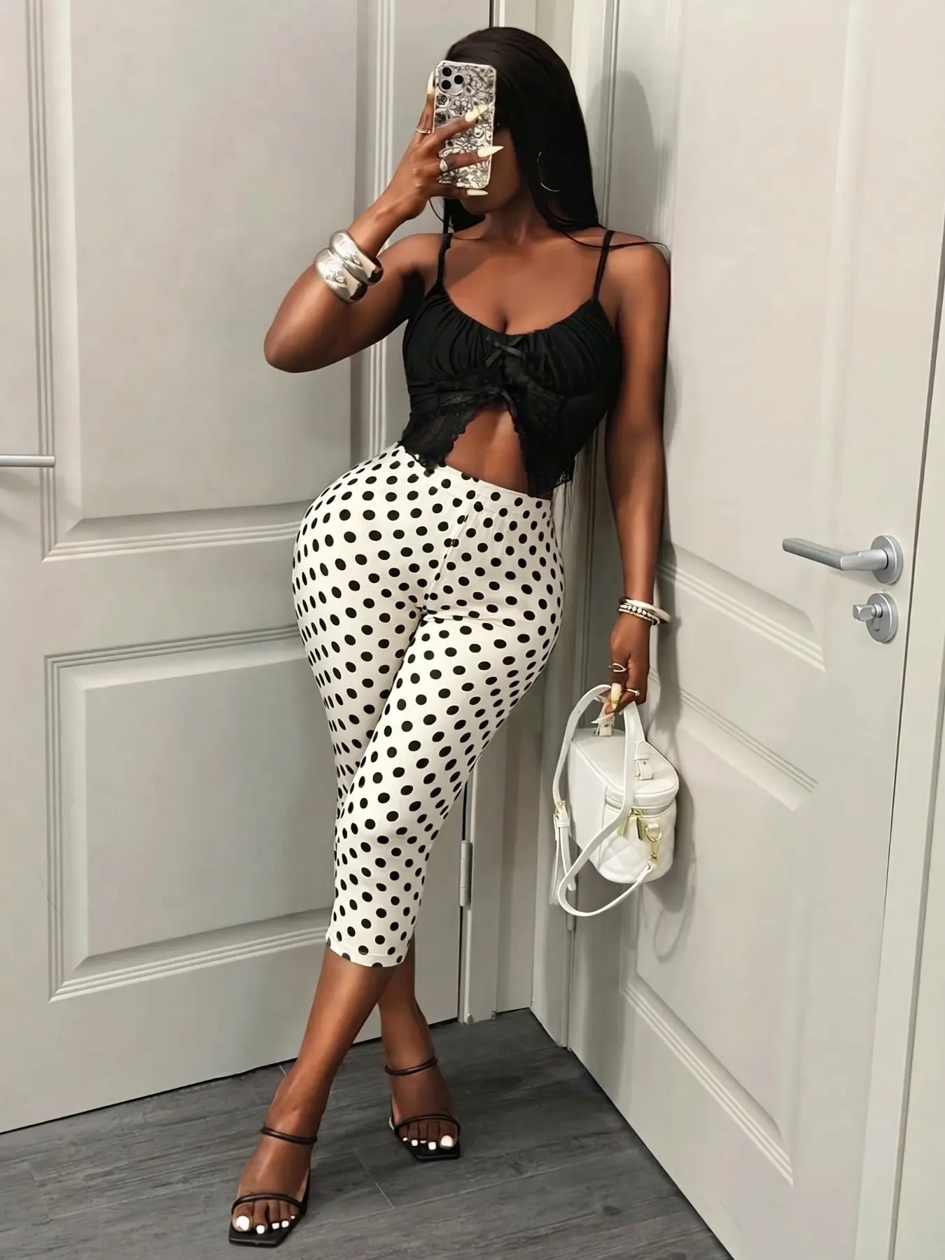High Waist Polka Dot Capri Leggings, High Waisted Leggings For Women, Bottoms, Stretchy Casual Cropped Pants With Lace Trim, Y2K Aesthetic 2000s Vintage Print Leggings, Slim Fit Breathable Soft Fabric Daily Wear Streetwear For Summer, High Rise Leggings