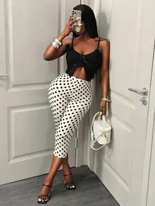 High Waist Polka Dot Capri Leggings, High Waisted Leggings For Women, Bottoms, Stretchy Casual Cropped Pants With Lace Trim, Y2K Aesthetic 2000s Vintage Print Leggings, Slim Fit Breathable Soft Fabric Daily Wear Streetwear For Summer