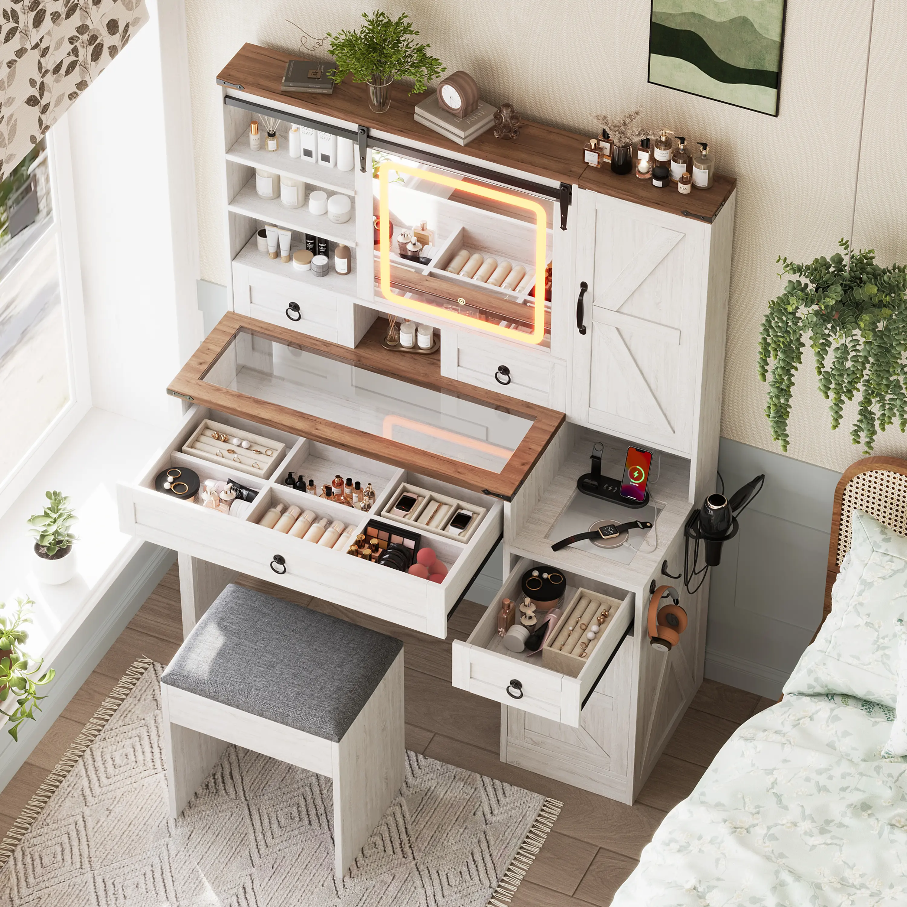 Farmhouse LED Vanity with Lights, Adjustable Sliding Mirror, Glass Top, 4 Drawers, 2 Cabinets, Charging Station, Cup Holder, Storage & Stool - Bedroom Decor Makeup Dresser for Bedroom