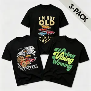 3-Pack Men’s Black Graphic T-Shirts Bundle - I’m Not Old I’m A Classic Retro Muscle Car, The Boondocks Cartoon Portrait, Living Vibing Winning Script Cotton Oversized Tees