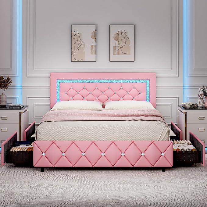 HOMBCK Bed Frame with Lights and Drawers,  No Mattress,  Diamond Headboard, Faux Leather, Modern Style, No Box Spring Needed, Easy Assembly