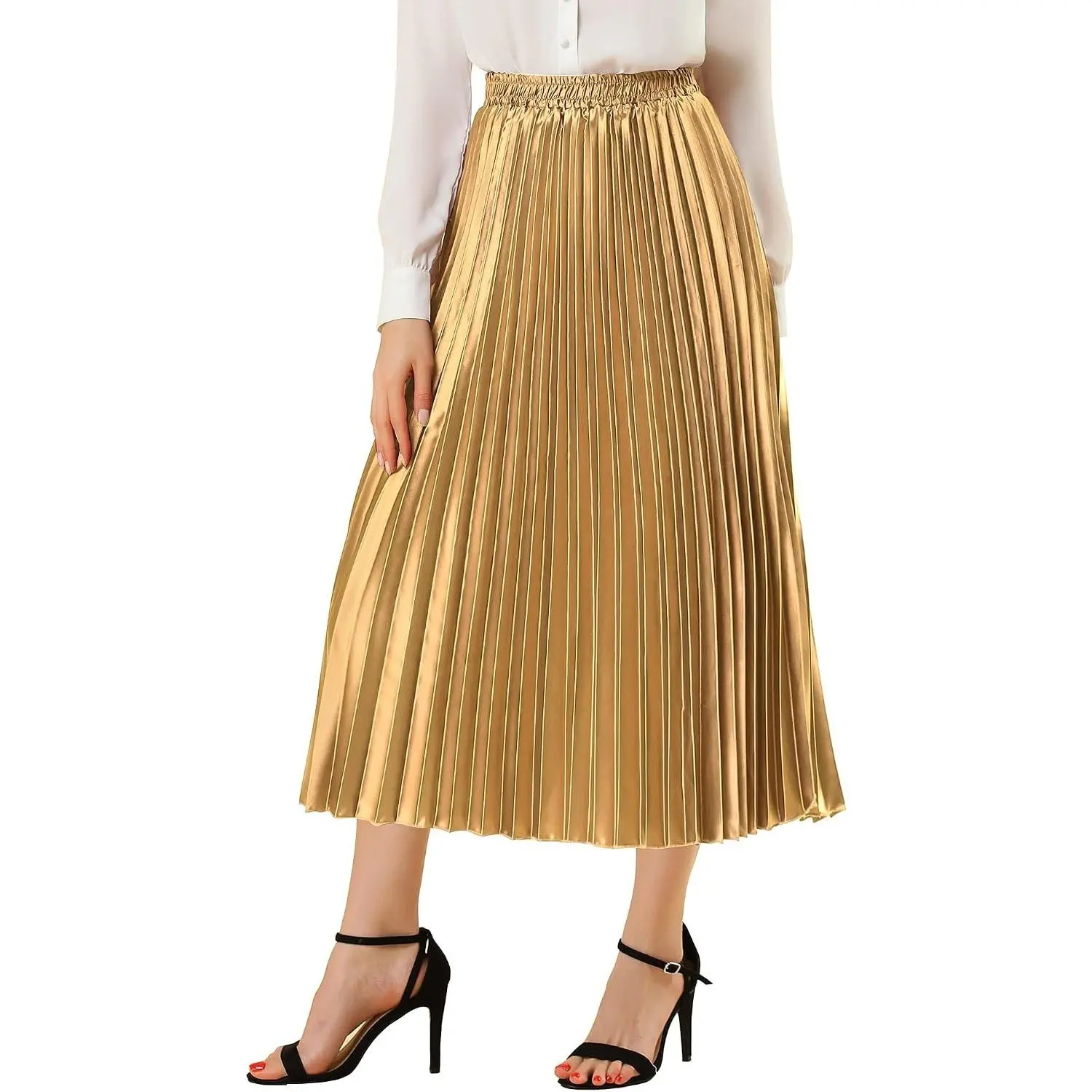 Women's Chic Fashion Spandex Bottoms, Elastic-Waist Elegant Party Metallic Shiny Accordion Pleated Midi Skirt, Solid