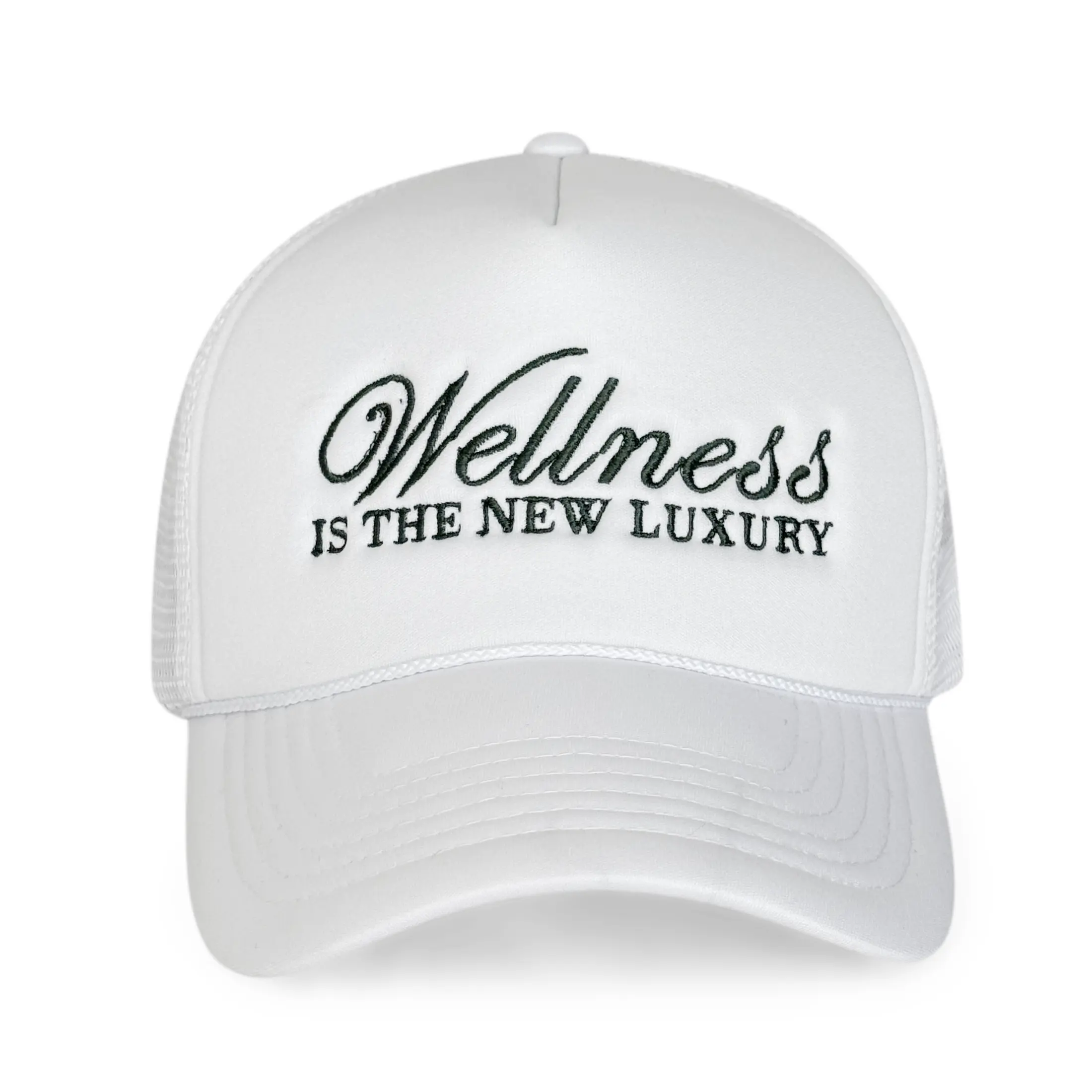 ValDesigns White 5-Panel Trucker Hat - Adjustable Closure, Embroidered Text Print, 1 Size Fits Most, Unisex Wellness-Focused Fashion Accessory, One Size