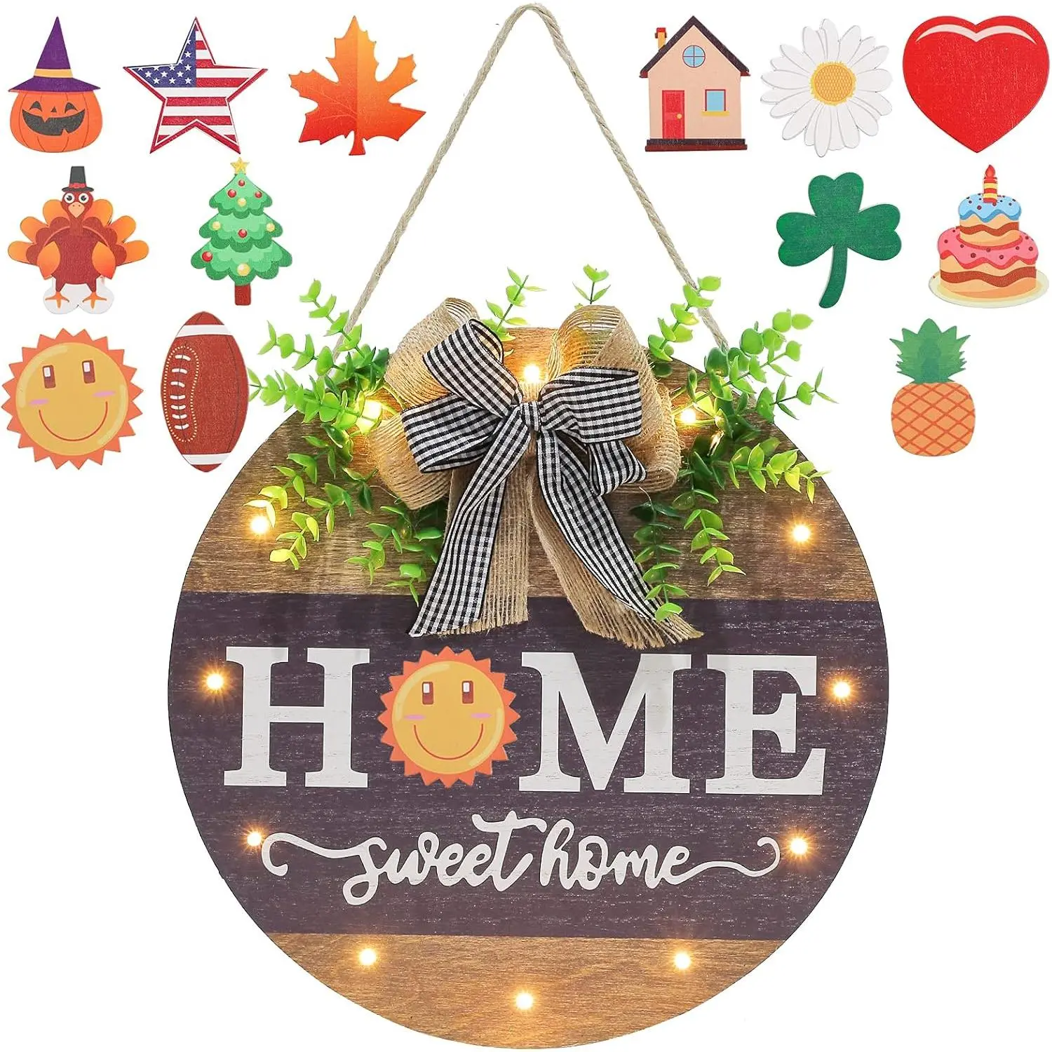 Interchangeable Welcome Sign  Front Door with 14 Changeable Icons, Farmhouse Front Porch Decor Rustic Wooden Wall Sign with 12 LED Lights, Outdoor Seasonal Welcome Home Decorations