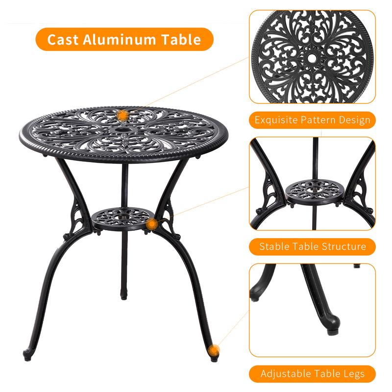 Withniture Cast Aluminum Patio Bistro Set 3 Piece Bistro Table and Chairs with Umbrella Hole for Garden Porch